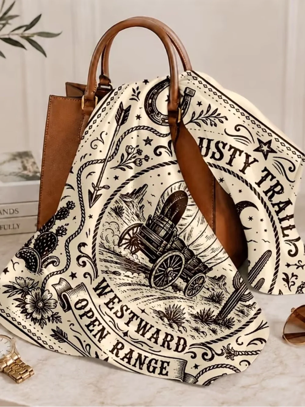 Dusty Trail Westward Open Range Cotton Bandana Scarf - Cream & Brown